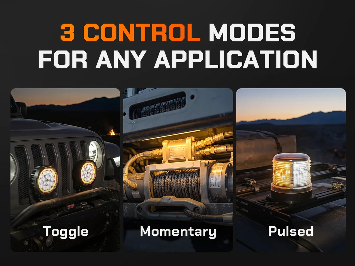 Wolfbox 8-gang smart switch panel with three programmable control modes — toggle, momentary, and pulsed — for any application from LED light bars to air compressors.