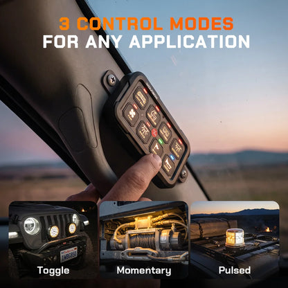 Wolfbox 8-gang smart switch panel showing its three control modes — toggle, momentary, and pulsed — for any application from lighting to horn and air compressor.
