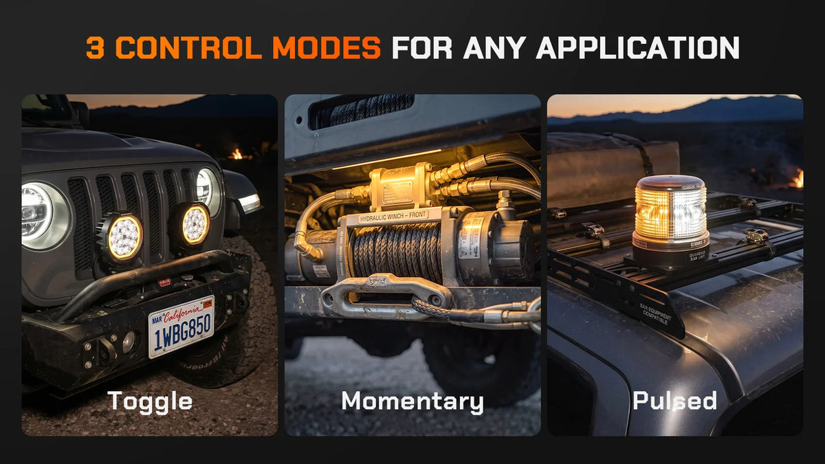 Wolfbox 8-gang smart switch panel with three programmable control modes — toggle, momentary, and pulsed — for any application from LED light bars to air compressors.