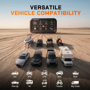 Wolfbox 8-gang smart switch panel compatible with cars, ATVs, UTVs, SUVs, boats, pickup trucks, RVs, golf carts, tractors, and big trucks — one switch system for the whole garage.