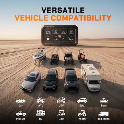Wolfbox 8-gang smart switch panel compatible with cars, ATVs, UTVs, SUVs, boats, pickup trucks, RVs, golf carts, tractors, and big trucks — one switch system for the whole garage.