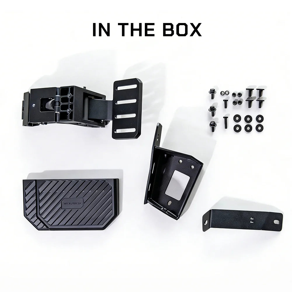 What's inside the Wolfbox Bed Step package: Step platform, heavy-duty brackets, and all necessary mounting hardware.