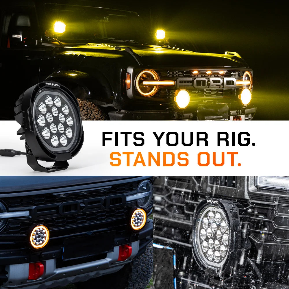 NomadRover 7" pods installed on Ford Bronco front bumper and A-pillars.