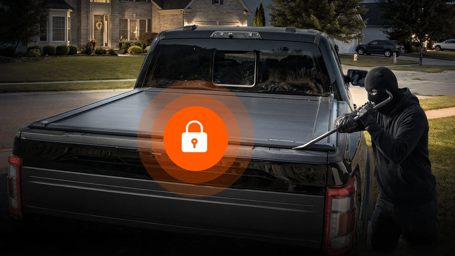 Anti-theft locking mechanism on electric truck bed cover