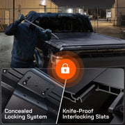 Hard tonneau cover with knife-proof interlocking hinges for maximum anti-theft security.