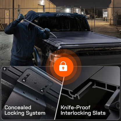 Hard tonneau cover with knife-proof interlocking hinges for maximum anti-theft security.