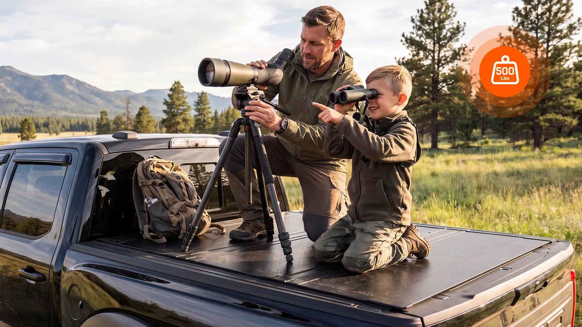 Heavy-duty tri-fold truck bed cover serving as a stable utility platform, supporting adult weight up to 500 lbs static load in a rugged wilderness setting.