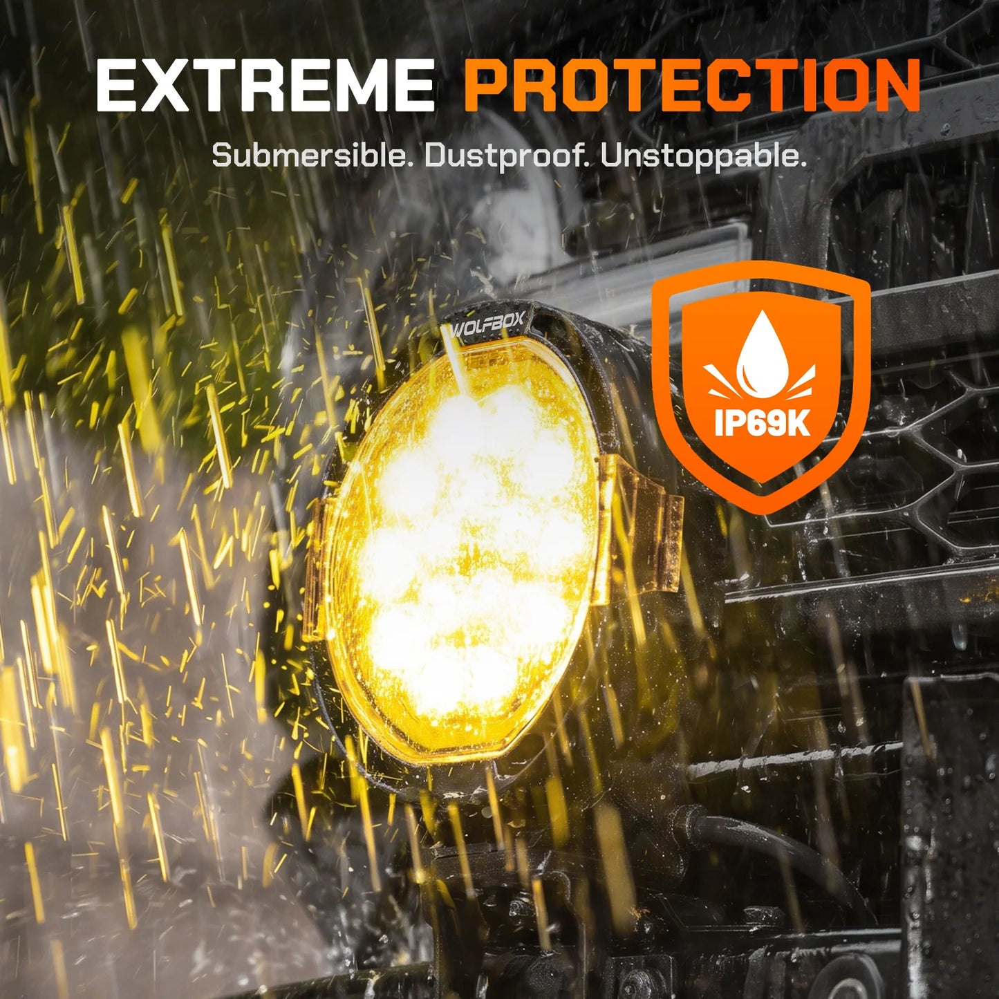 IP69K waterproof off-road light resisting high-pressure water and extreme mud.