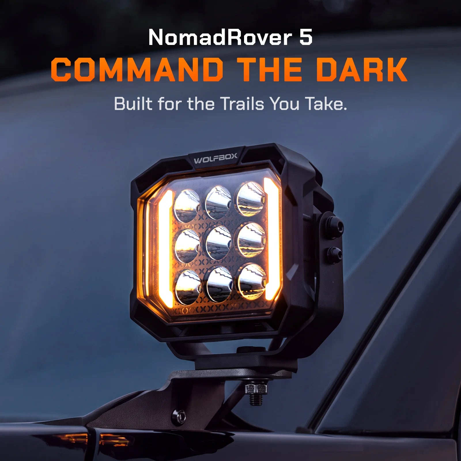 NomadRover 5" off-road LED pod mounted on vehicle A-pillar.