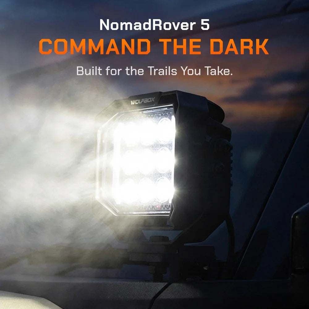NomadRover 5" off-road LED pod mounted on vehicle A-pillar.