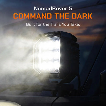 NomadRover 5" off-road LED pod mounted on vehicle A-pillar.