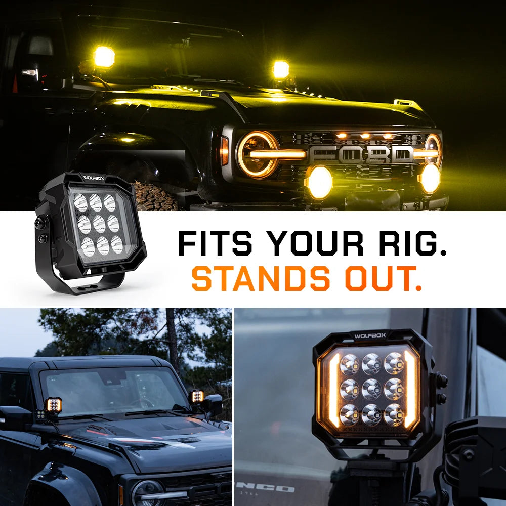 NomadRover 5" pods installed on Ford Bronco front bumper and A-pillars.