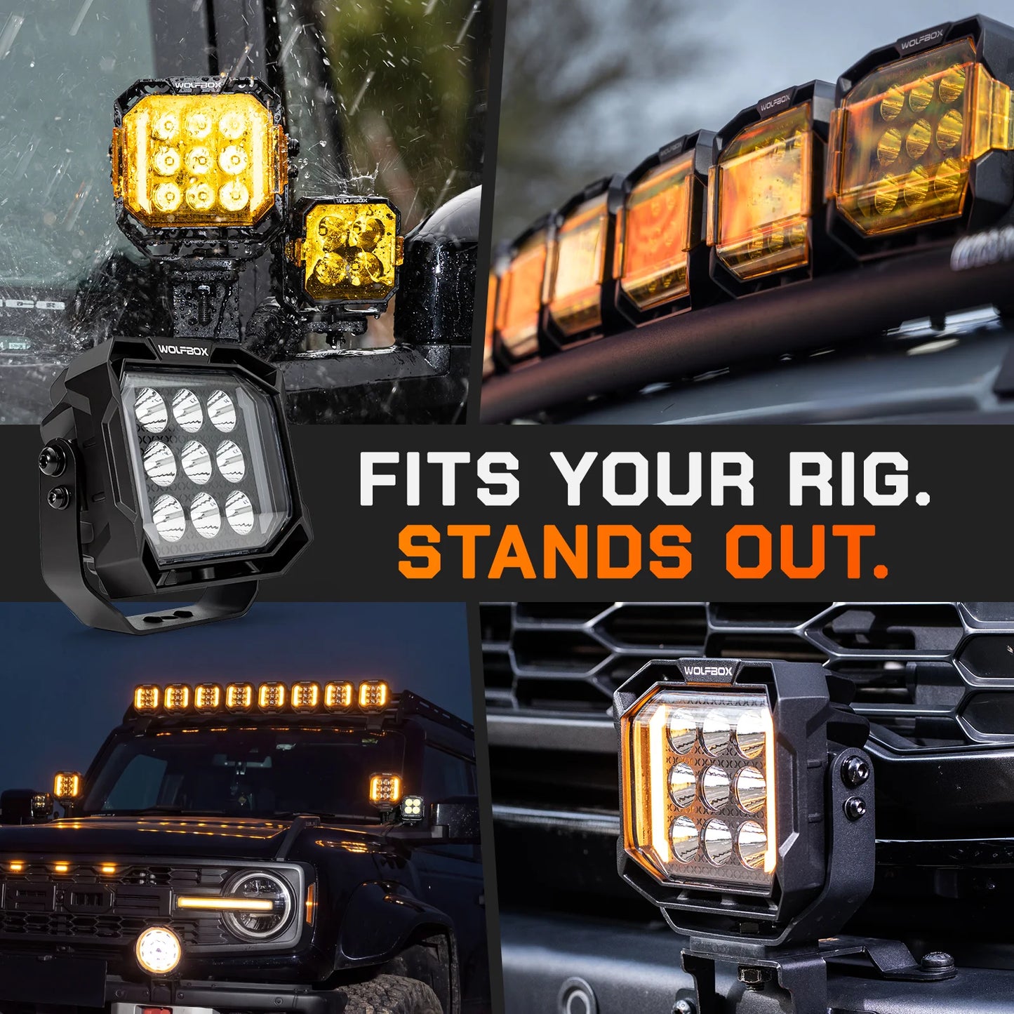 NomadRover 5" pods installed on Ford Bronco front bumper and A-pillars.