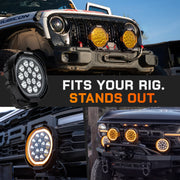 NomadRover 7" pods installed on Ford Bronco front bumper and A-pillars.