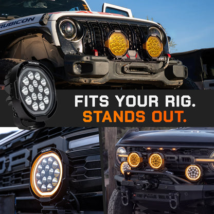 NomadRover 7" pods installed on Ford Bronco front bumper and A-pillars.