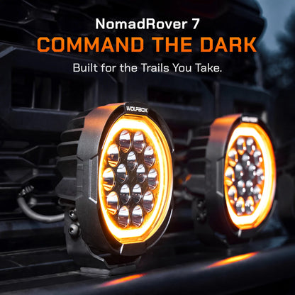 NomadRover 7" off-road LED light mounted on vehicle A-pillar.