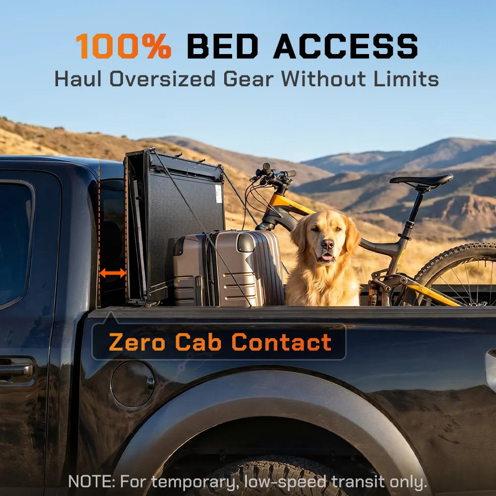 ToughFold T1 truck bed cover in flipped open position providing 100% bed access with zero cab contact for hauling gear
