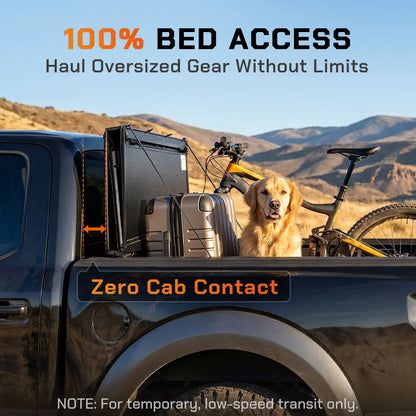 ToughFold T1 truck bed cover in flipped open position providing 100% bed access with zero cab contact for hauling gear