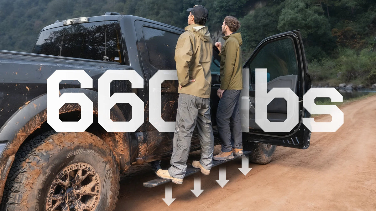 WOLFBOX 660 lbs rated power running boards featuring high-strength 6063-T5 aluminum for dual-passenger support.
