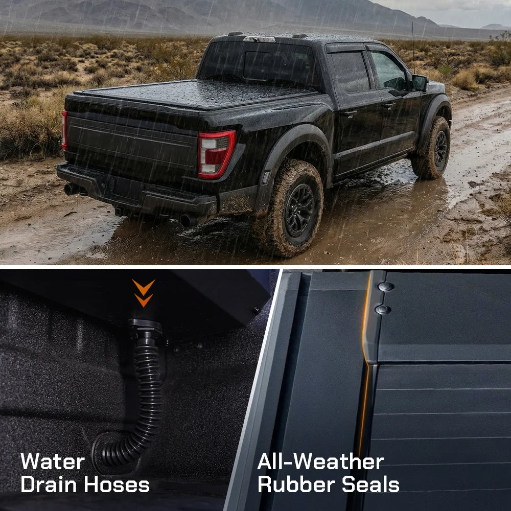 Waterproof tonneau cover design with drainage tubes in rain.