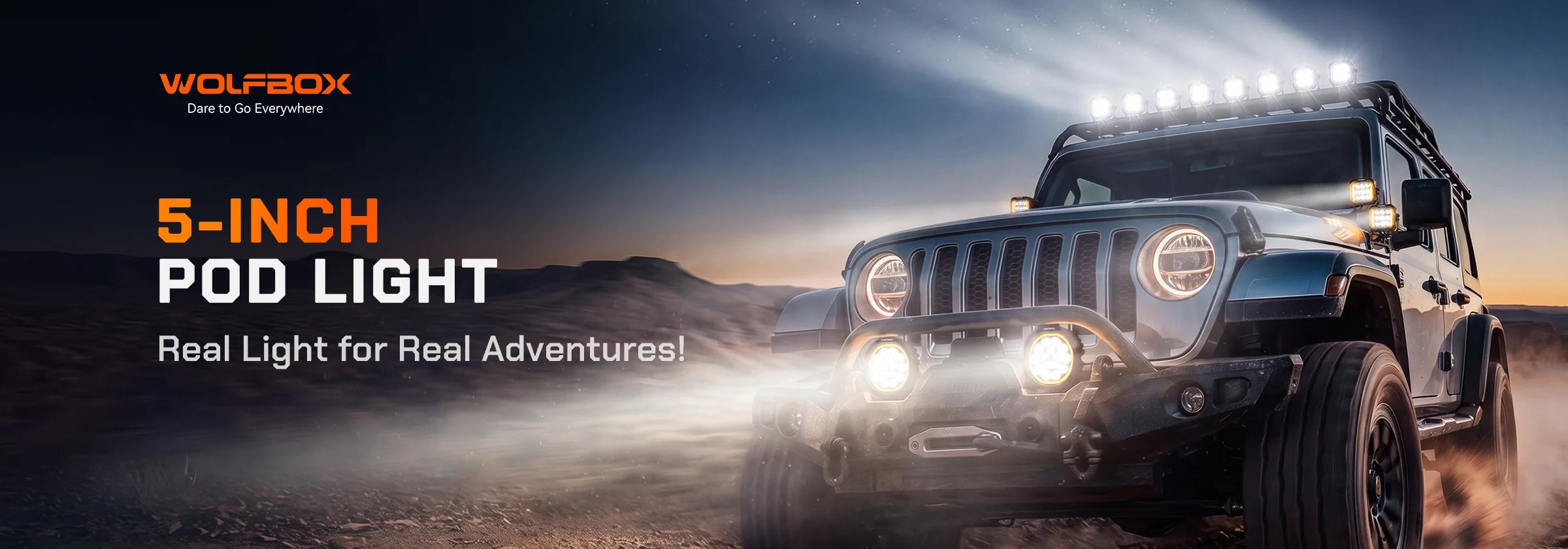 Wolfbox NomadRover 5" off-road LED pods (120W, 9010 LM) on Ford Bronco, with specs.