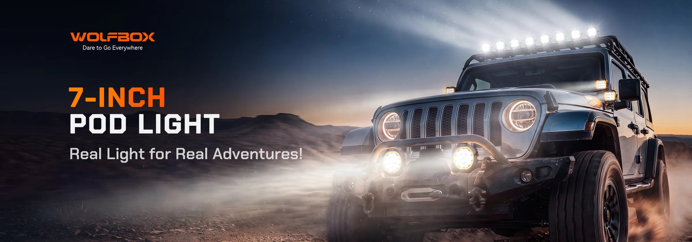 Wolfbox NomadRover 7" off-road LED pods (125W, 15500 LM) on Ford Bronco, with specs.