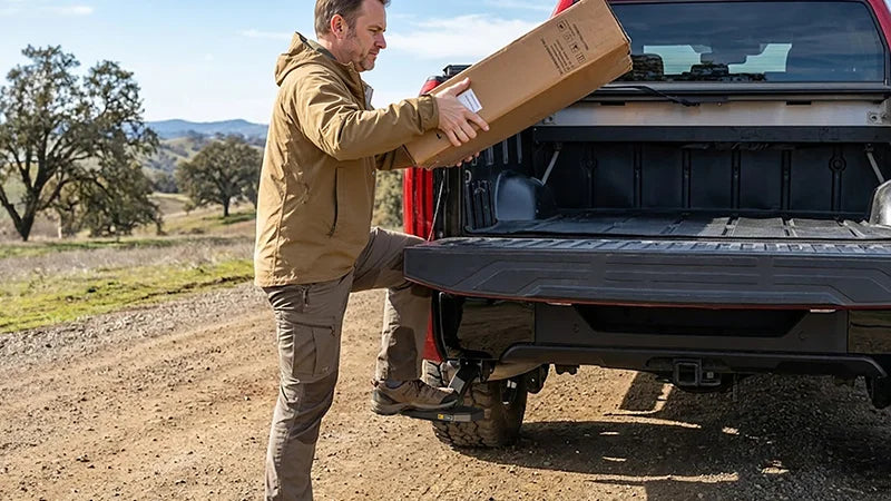 Person effortlessly stepping into truck bed using the Wolfbox Retractable Bumper Step for pain-free access.