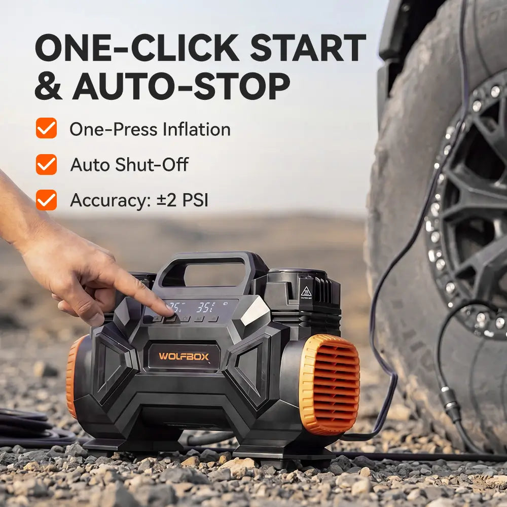 Portable air compressor for off roading HyperFlow 60D one-click start auto-stop feature ±2 PSI accuracy 