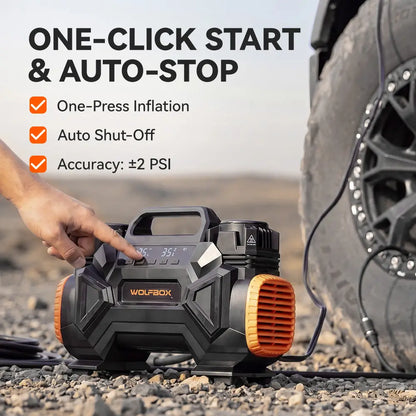 Portable air compressor for off roading HyperFlow 60D one-click start auto-stop feature ±2 PSI accuracy 