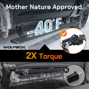 All-weather electric running boards with 2X torque motor operating smoothly in freezing ice and snow.