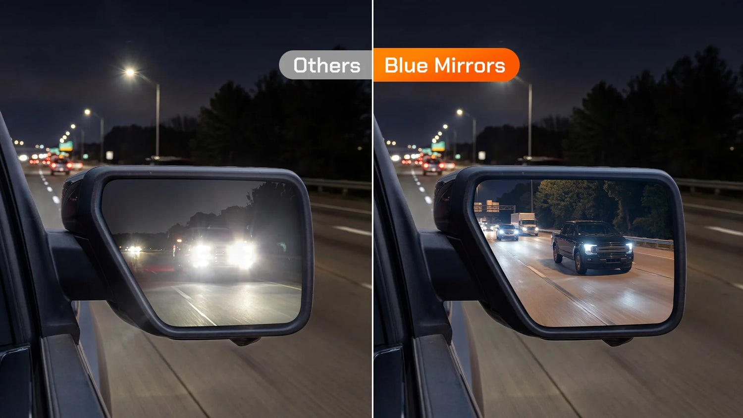 Wide-angle convex side mirrors with nano-coated blue glass reducing high beam glare.