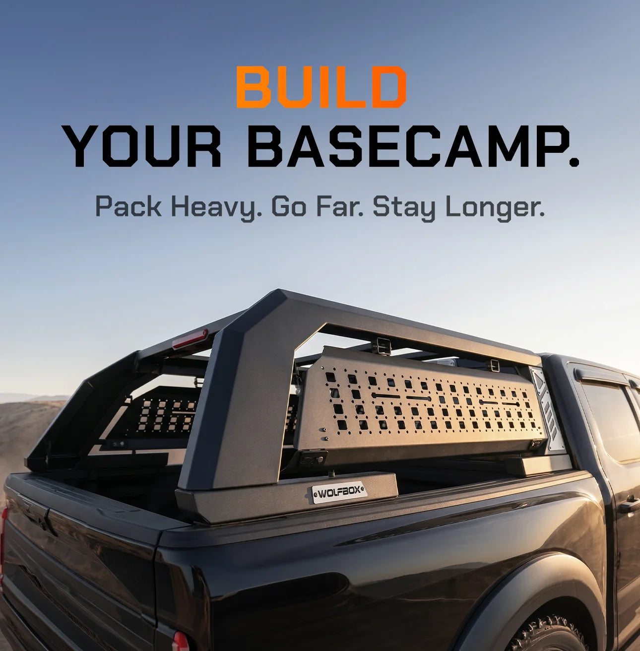 Wolfbox Gear MTB-R1 modular overland truck bed rack on a pickup trail.