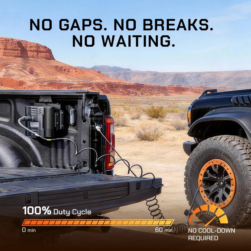Continuous duty off-road air compressor inflating Jeep tires no waiting