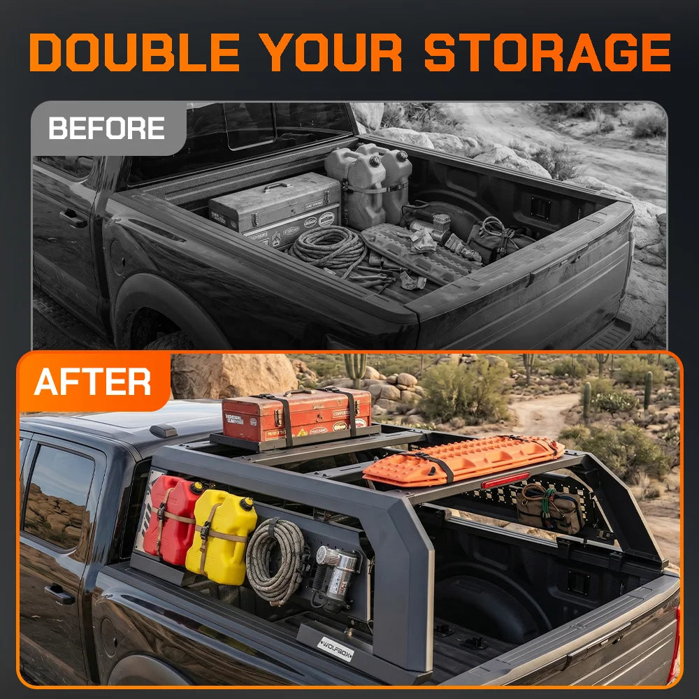 Double your payload and organize off-road gear with the MTB-R1 modular bed rack.