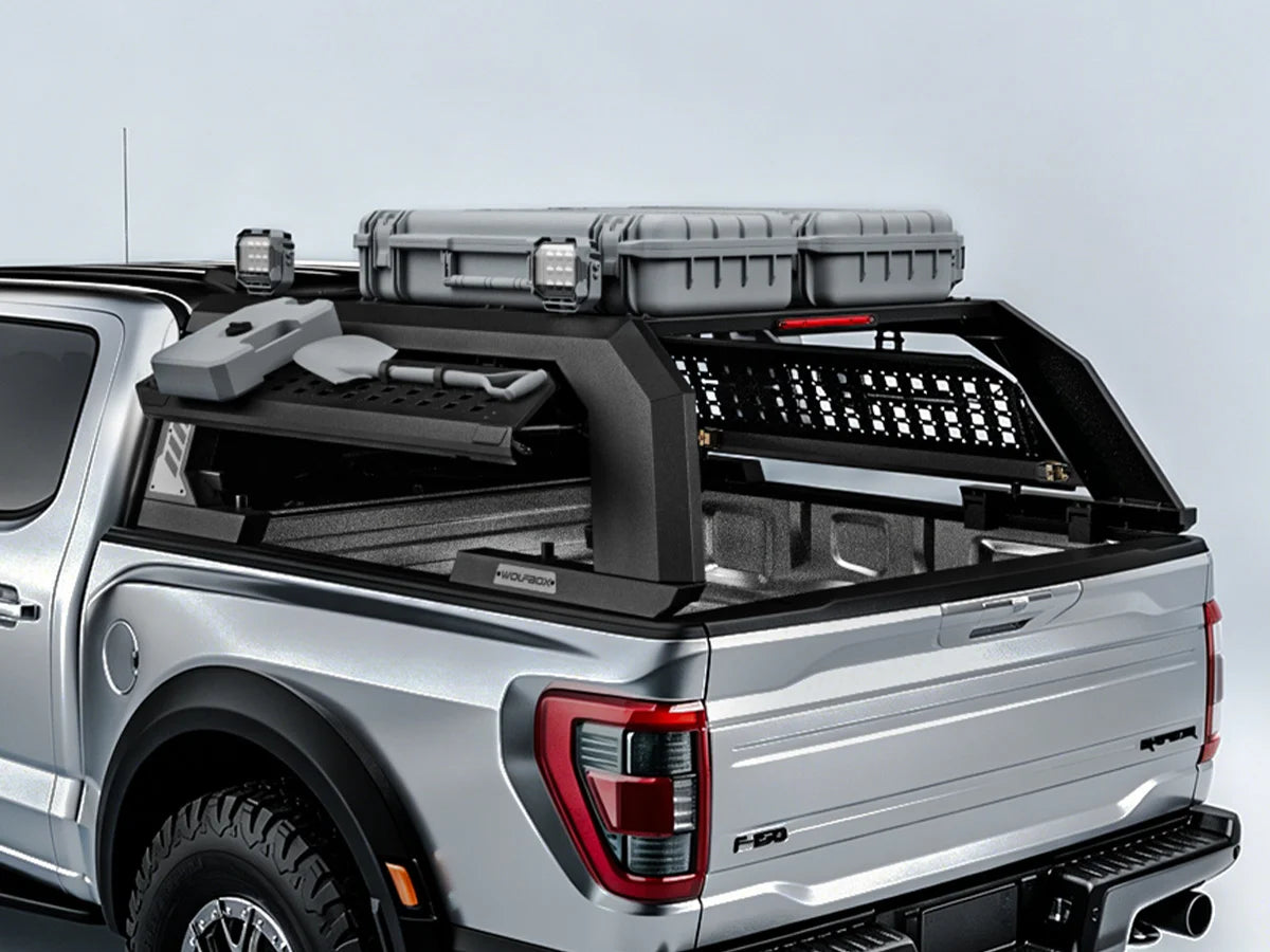 Wolfbox Gear MTB-R1 rack mounted on a Ford F-150 carrying overland essentials.
