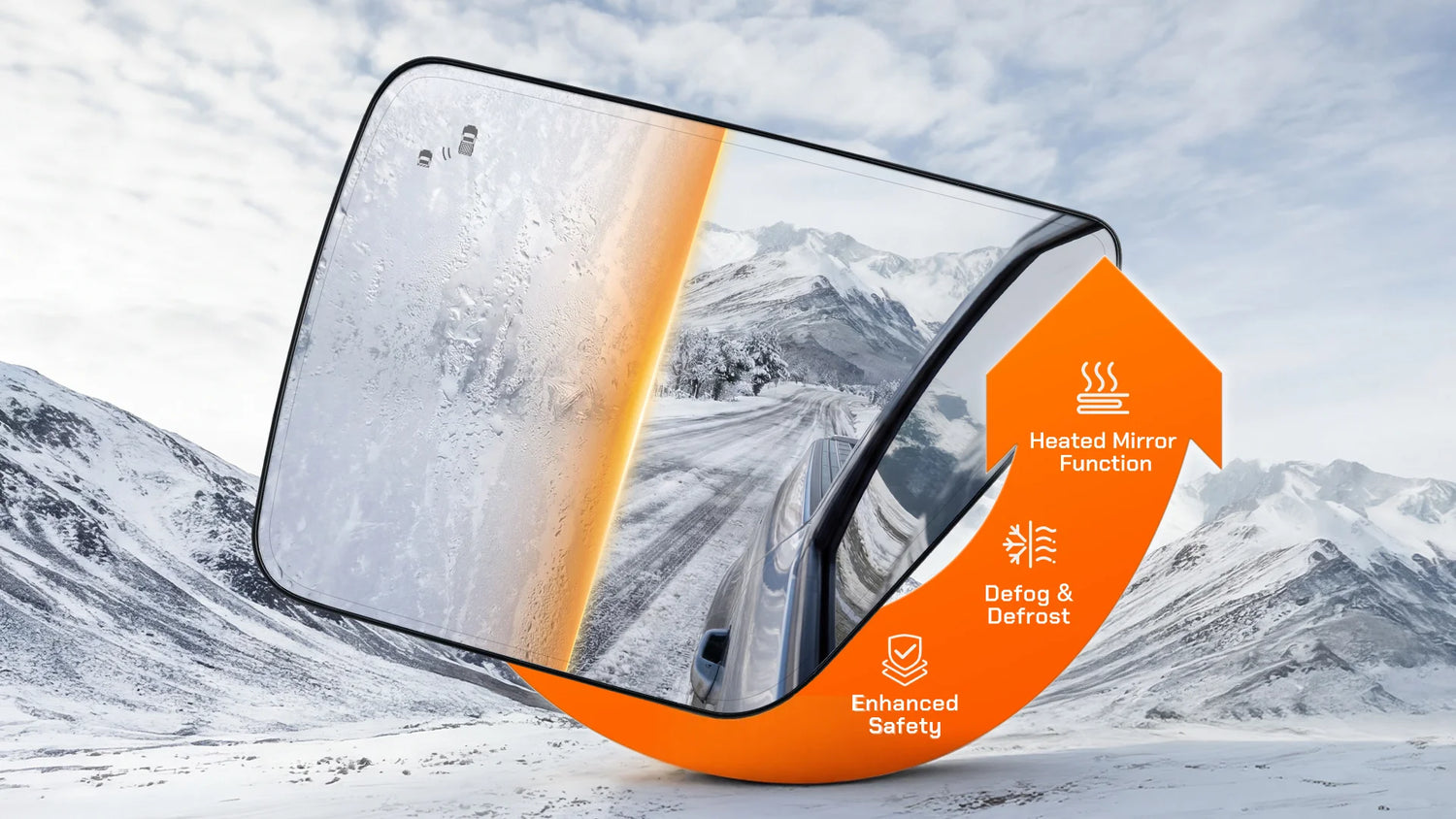 WOLFBOX heated convex mirror glass clearing ice and fog in snowy conditions.