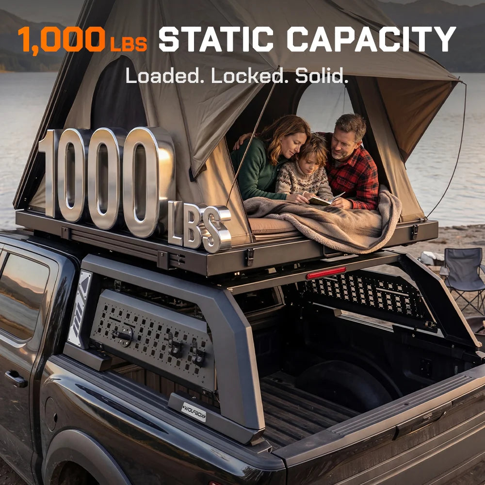 MTB-R1 bed rack supporting a heavy rooftop tent with 1000 lbs static capacity.
