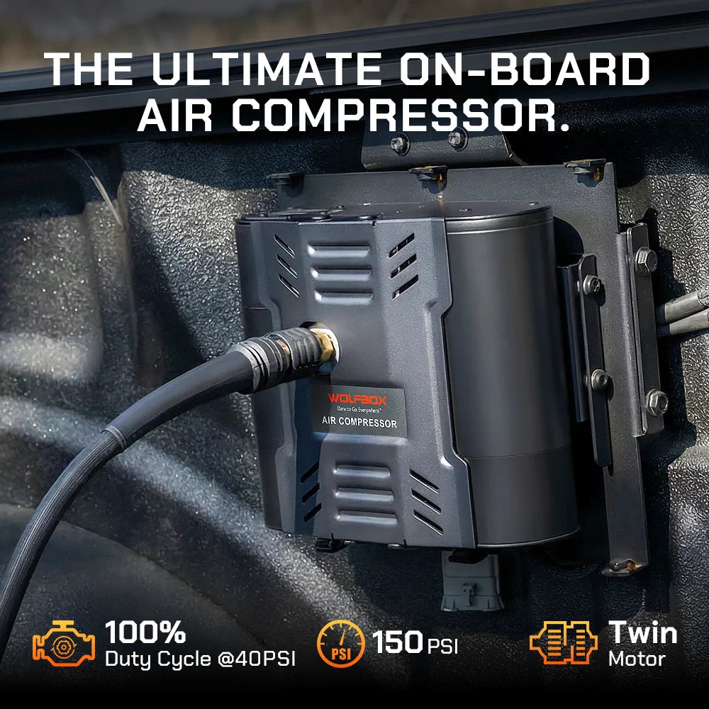 HyperFlow X on-board air compressor mounted in pickup truck bed 150 PSI