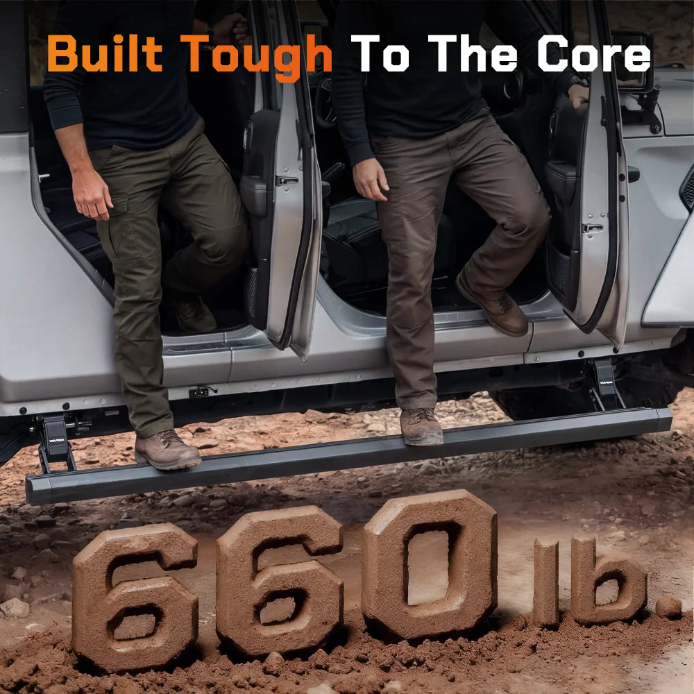 Two adults standing on a Wolfbox electric running board supporting 660 pounds of combined weight, demonstrating heavy-duty load capacity for trucks and SUVs.