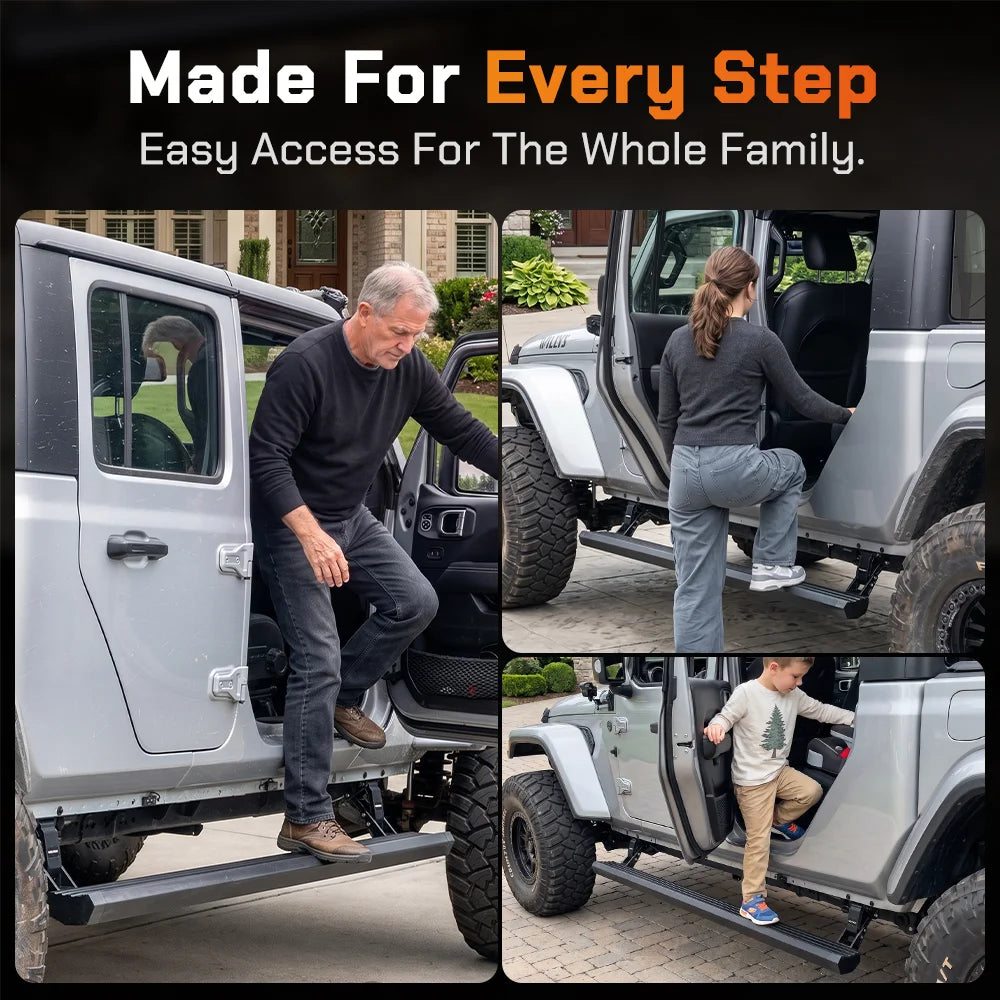 Family of three — a man, a woman, and a child — using a Wolfbox electric running board to climb into a Jeep, illustrating easy access for adults, kids, and shorter riders.