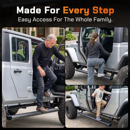 Family of three — a man, a woman, and a child — using a Wolfbox electric running board to climb into a Jeep, illustrating easy access for adults, kids, and shorter riders.