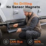 Mechanic installing a Wolfbox electric running board under a Jeep without drilling, using factory CAN-Bus wiring and cutting installation time by 60 percent.