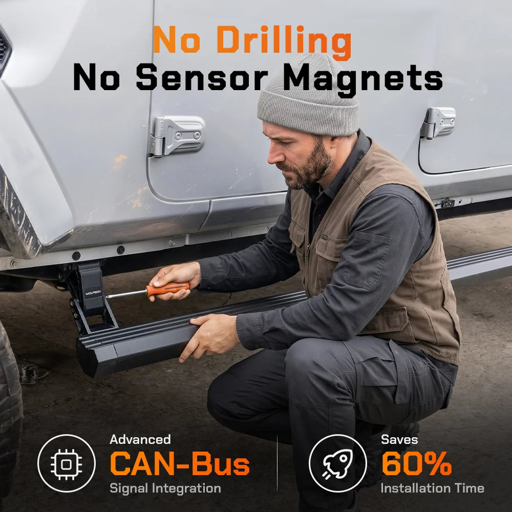 Mechanic installing a Wolfbox electric running board under a Jeep without drilling, using factory CAN-Bus wiring and cutting installation time by 60 percent.