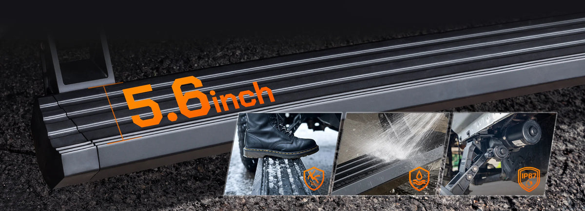 Wolfbox electric running board with a 5.6-inch wide step shown during durability testing, engineered for repeated daily use on Jeep trucks and SUVs.