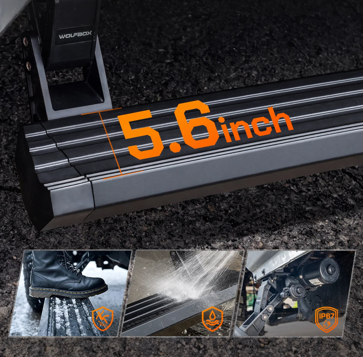 Wolfbox electric running board with a 5.6-inch wide step shown during durability testing, engineered for repeated daily use on Jeep trucks and SUVs.