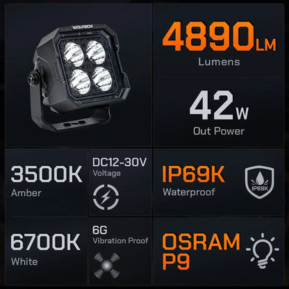 Technical specifications: 40W power, 4890 lumens, and 5-year warranty overview.