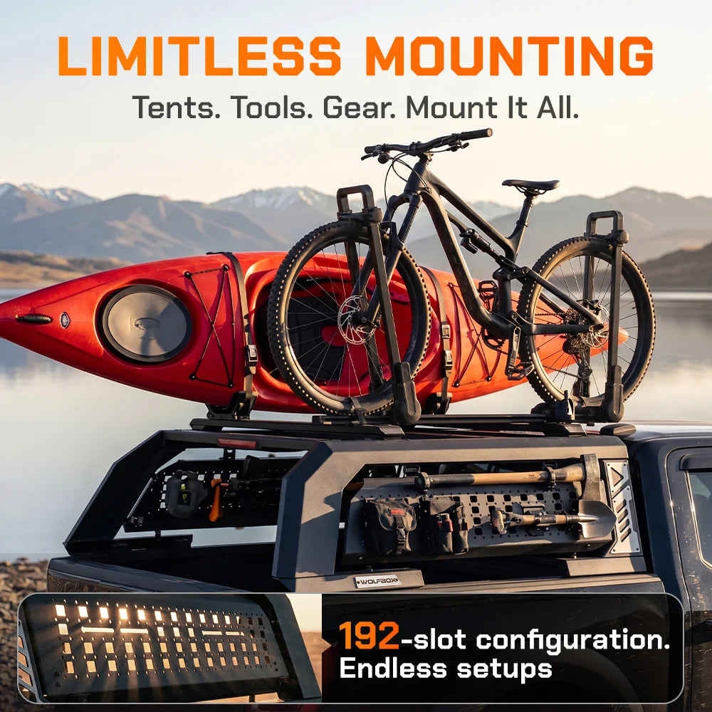 Versatile T-slot compatible truck bed rack for mounting kayaks, bikes, and off-road gear.