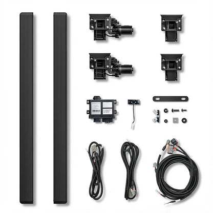 Complete power running boards kit including steps, motors, brackets, and wiring for easy installation.