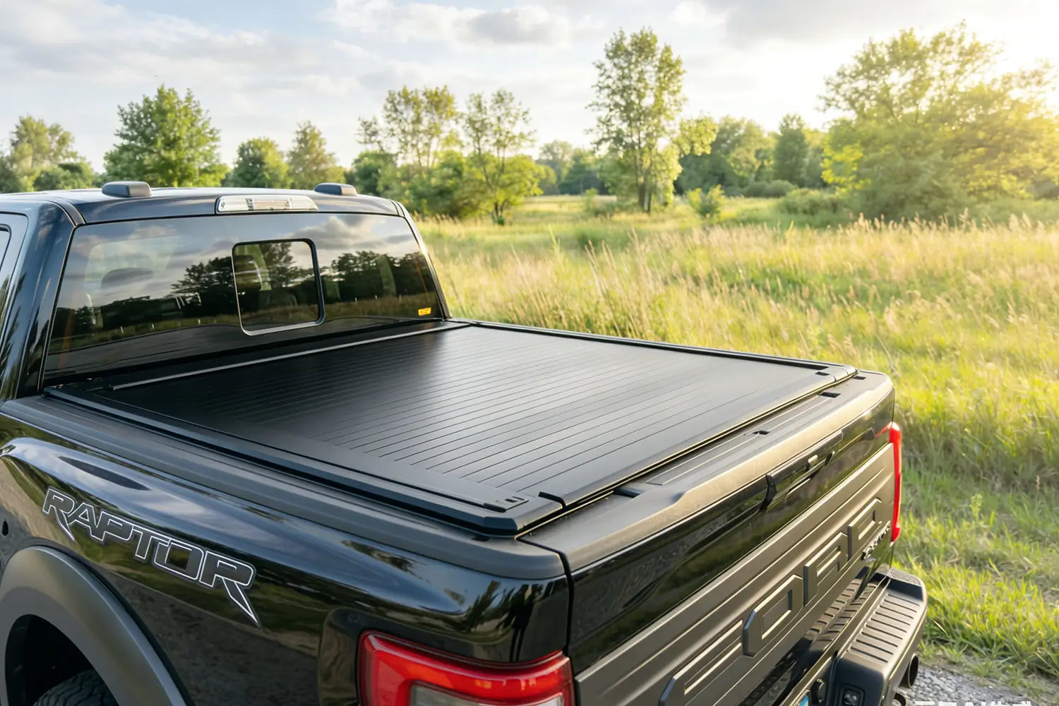 Black Ford Raptor truck with a tonneau cover in a natural setting