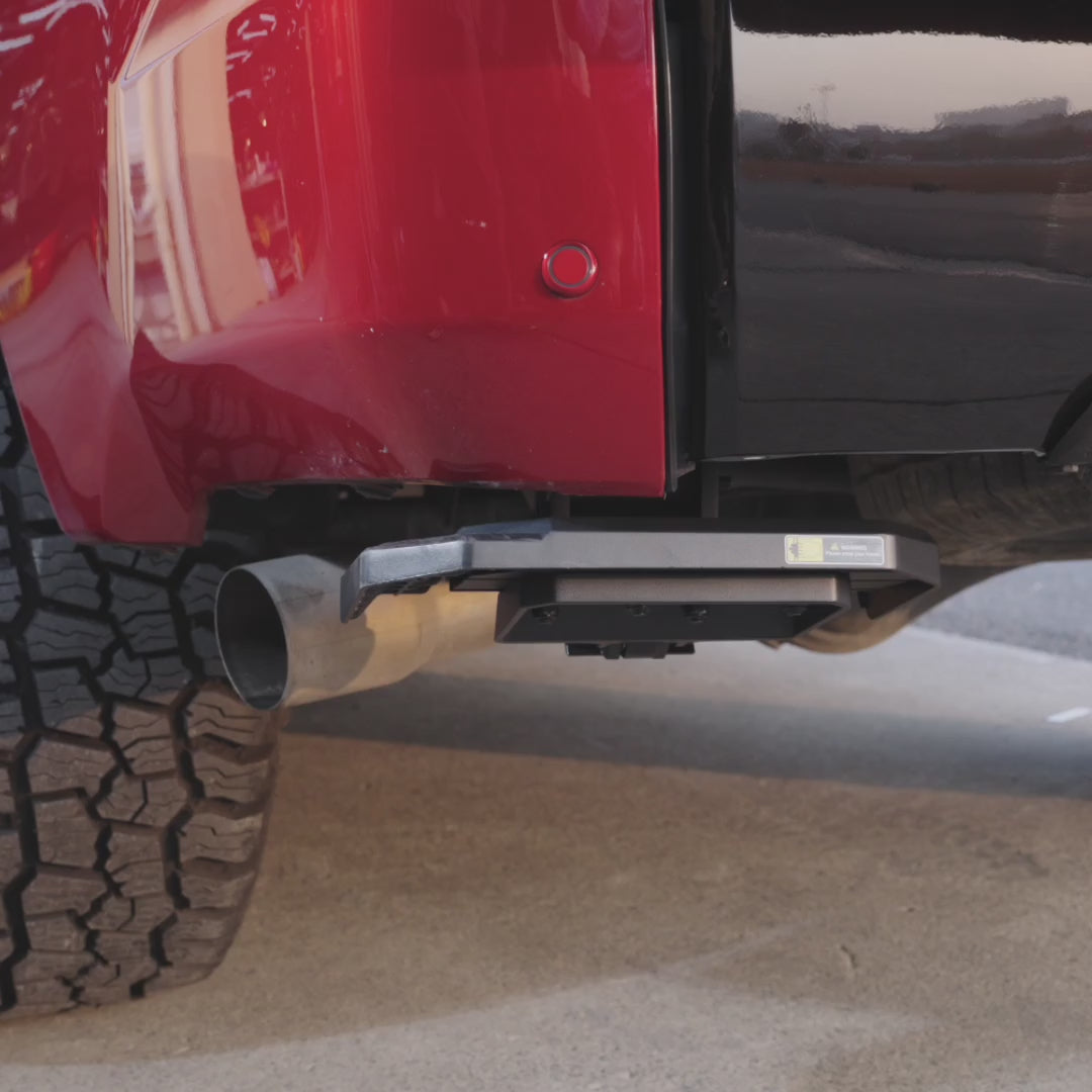 Wolfbox Retractable Bed Step Operation - Showing how to deploy and retract the step with a simple foot nudge for hands-free access.